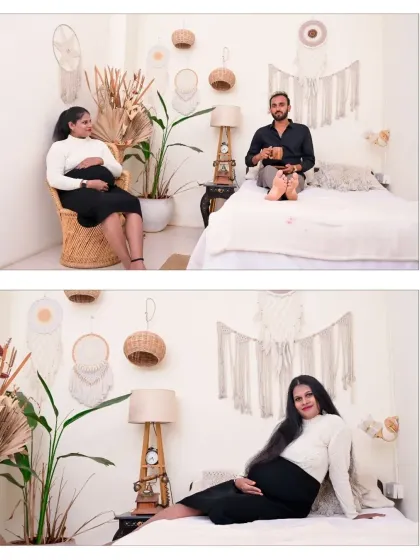 Two perspectives from our Boho bedroom set. One shows the couple interacting naturally, while the other is a beautiful reclining portrait of the mom-to-be, showcasing the versatility of the space.