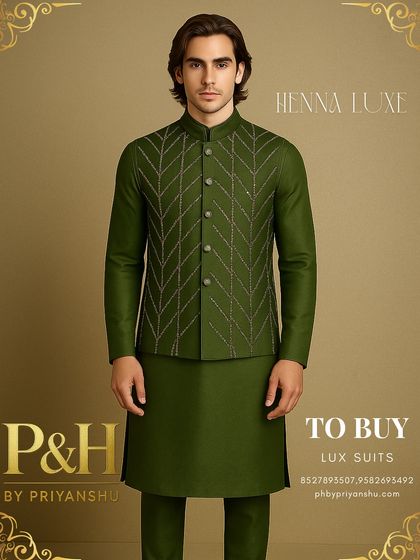 A portrait shot highlighting the fine craftsmanship of the hand-embroidered Nehru jacket.