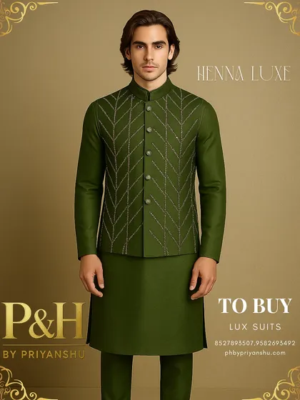 A portrait shot highlighting the fine craftsmanship of the hand-embroidered Nehru jacket.