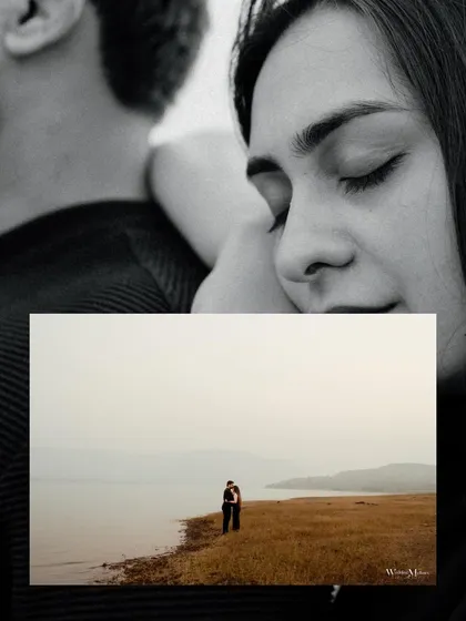 An artistic and emotional collage. The overlay of a close-up black and white portrait on a wider landscape shot creates a powerful image about memory and feeling.