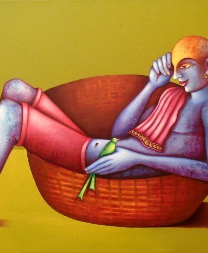 This figurative piece is part of my 'Human Landscapes' collection. The artist uses a bold, symbolic color palette to create a contemplative, almost mythical scene that invites the viewer to ponder its meaning.