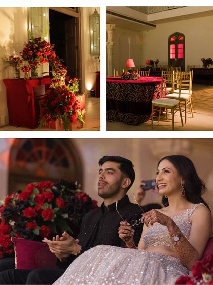 A collage from a cinematic Sangeet night. It captures the couple enjoying the performances, the red velvet decor, and the overall romantic, theatrical ambiance of the event.