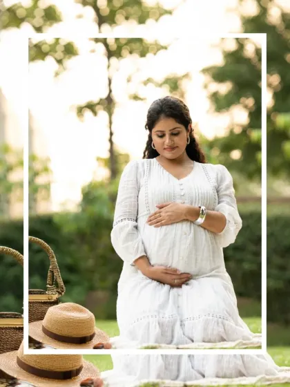 A peaceful moment during an outdoor picnic-themed maternity shoot. The mother-to-be is seated, gently holding her bump, creating a serene and beautiful image.