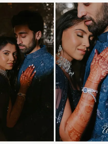 A collage of romantic couple portraits. The deep blue outfits and the bride's intricate henna create a rich and glamorous look for their Sangeet.