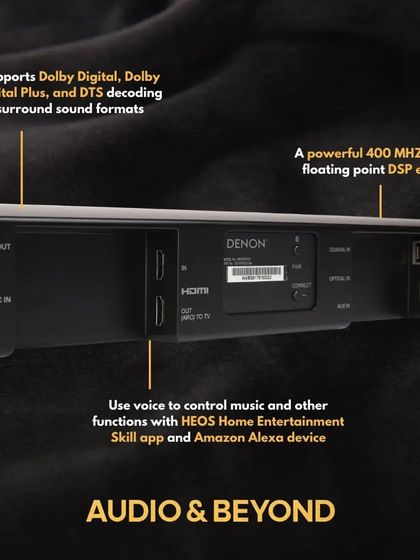A detailed view of the Denon DHT-S516H soundbar's connectivity ports and features. It supports various Dolby and DTS surround sound formats and includes a powerful DSP engine for an immersive home theater audio experience.