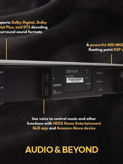 The Denon DHT-S516H soundbar and wireless subwoofer deliver an immersive, high-resolution audio experience. It supports Dolby Digital and DTS surround sound formats and can be controlled with your voice via Amazon Alexa.