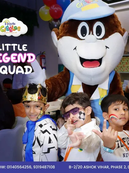 The Little Legend Squad, assembled and ready for fun with Mr. Giggles! Our mascot loves posing for photos with the birthday crew, creating a legendary picture that the kids will treasure.