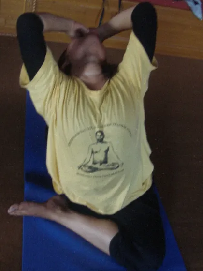 A student practices Eka Pada Rajakapotasana, the one legged king pigeon pose, a deep backbend and hip opener that is explored in our advanced courses.