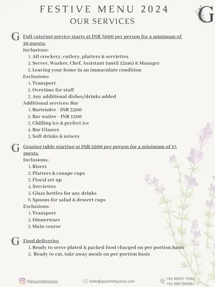 Our services and pricing information for the 2024 festive season. This menu card details the inclusions for our full catering service and grazing table setups.