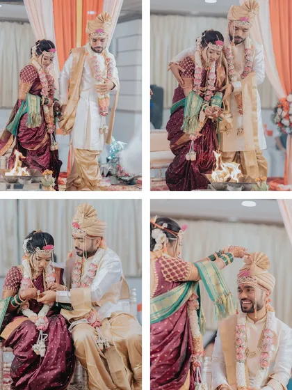 Key moments from a Maharashtrian wedding ceremony, including the varmala exchange and rituals around the sacred fire.