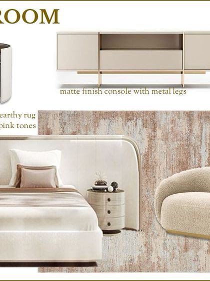 A mood board we created for a guest bedroom. It combines a curved headboard, a boucle couch, and metallic fabrics in a neutral palette with rusty pink tones to establish a serene and elegant feel.