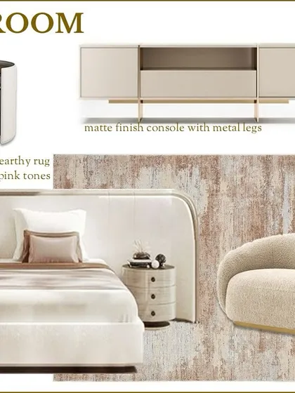 A mood board we created for a guest bedroom. It combines a curved headboard, a boucle couch, and metallic fabrics in a neutral palette with rusty pink tones to establish a serene and elegant feel.