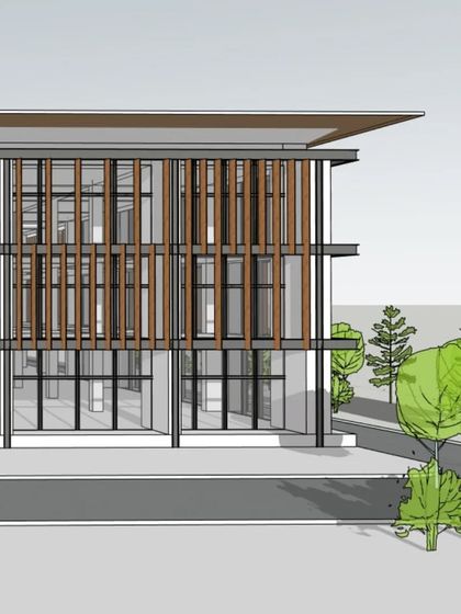 A concept sketch exploring how form meets function in a modern facade. The use of vertical wooden louvers provides sun shading while creating a strong visual rhythm across the building's exterior.
