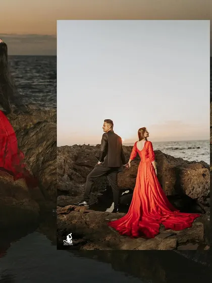 A dramatic collage featuring a bride-to-be in a flowing red gown against the rocks and the sea at sunset.