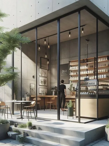 A render of a modular coffee shop with a minimalist, concrete-and-glass design. This shows our ability to create high-end, architecturally significant commercial spaces using prefabricated methods.