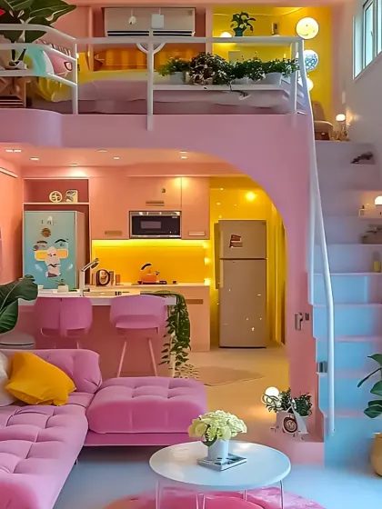 A vibrant and playful loft apartment design with a cheerful pink and yellow color scheme. This concept shows how we can create a fun, multi-level living space perfect for a young adult or a creative studio.