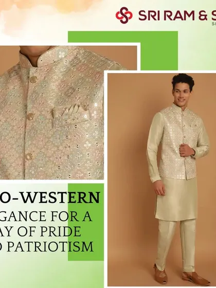 Amplify your look with this stunning Indo-Western outfit. A beige kurta paired with a pastel embroidered jacket offers a perfect blend of tradition and style, tailored to perfection.