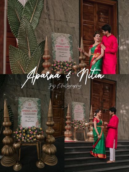 A couple posing by the entrance to their event. This shot is great for capturing the decor and the couple's excitement at the start of their celebration.