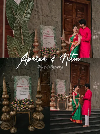 A couple posing by the entrance to their event. This shot is great for capturing the decor and the couple's excitement at the start of their celebration.