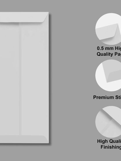 An infographic for an envelope highlighting its features like 'High Quality Page', 'Premium Sticky', and 'High Quality Finishing' with visual close-ups.