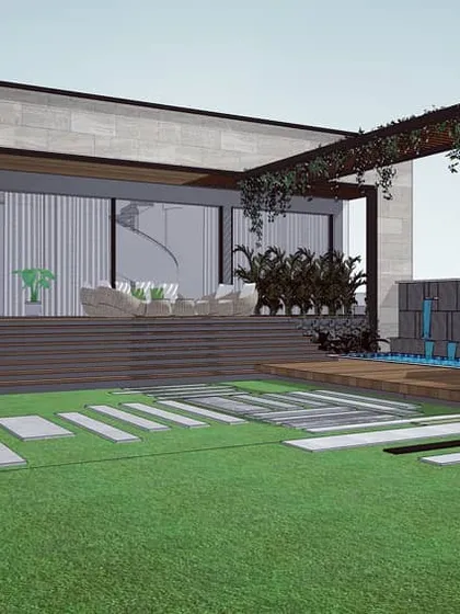 A design concept for Retreat Villa 90, illustrating a seamless transition from the indoor living area to an expansive outdoor deck and garden. This render captures our vision for modern farmhouse architecture, emphasizing a strong connection to nature and spaces designed for relaxation.