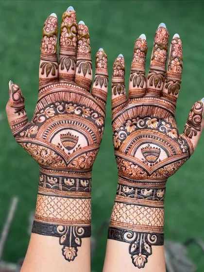 The back of the hands for the jhumki design, featuring a complementary cuff pattern.