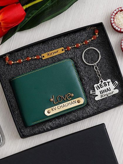 The "Must Gift Rakhi Combo" shown with a stylish green wallet.