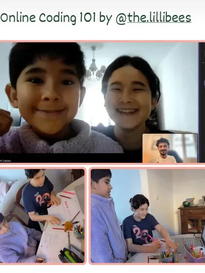 Our online classes bring the same studio energy right to your home. This collage shows one of our live online coding sessions, where kids learn the fundamentals of programming through fun, interactive projects and personalized guidance.