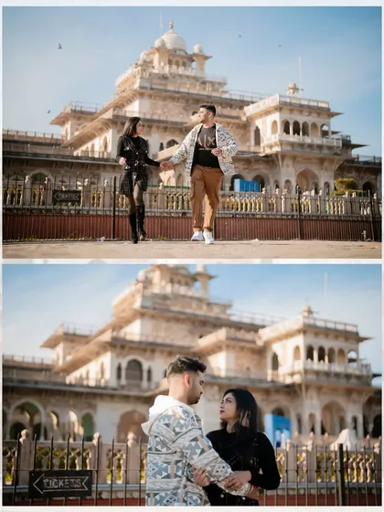 A modern, stylish shoot for Praveen and Chaithra at Albert Hall Museum, showing their fun and energetic personalities.