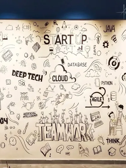 This is my signature black-and-white doodle art, created for the office of a tech startup. The design is filled with icons related to their work, including themes of teamwork, cloud technology, coding, and product engineering, making the wall a true reflection of their company culture.