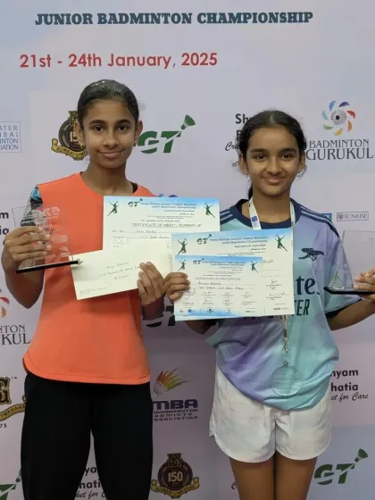 Anishka Kartik and Avni Shetty with their silver medals for the Girls' Doubles U15 event at the Gautam Thakkar Memorial SubJunior Tournament.
