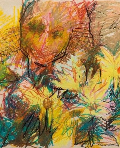 Reba Hore's work is wonderfully expressive and emotional. This piece, created with oil pastels, has the raw, immediate energy of a sketch, capturing the essence of flowers with vibrant, gestural marks.