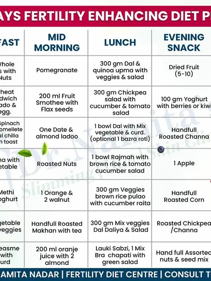 This is a sample of my 7-day fertility-enhancing diet plan. As you can see, it is filled with real, wholesome foods like whole grains, fresh fruits, paneer, and lentils. My goal is to create plans that are easy to follow and use ingredients you already have in your kitchen.