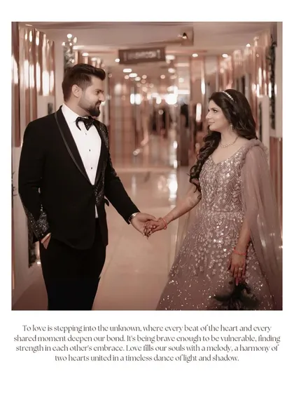 Gaurav and Kirti hold hands as they walk down a beautifully lit corridor, their shared look telling a story of their journey together.