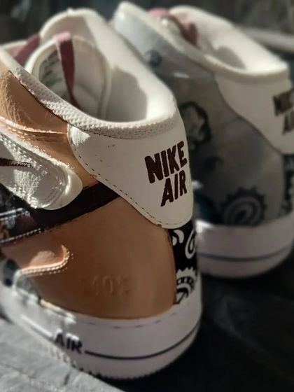 A detail shot of the heel of the Tupac custom, showing the "Nike Air" branding and some of the bandana pattern.