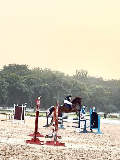 A wide shot of our rider competing, showing the scale of the competition arena and the focus required.