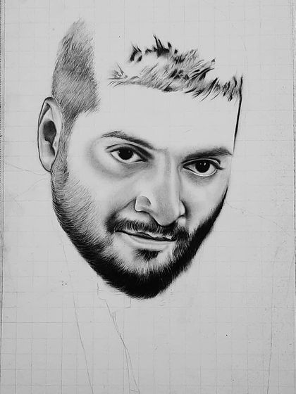 The 90-hour process of creating the Guddu Pandit portrait. These images show the careful layering of charcoal and graphite to achieve the intense, gritty look.