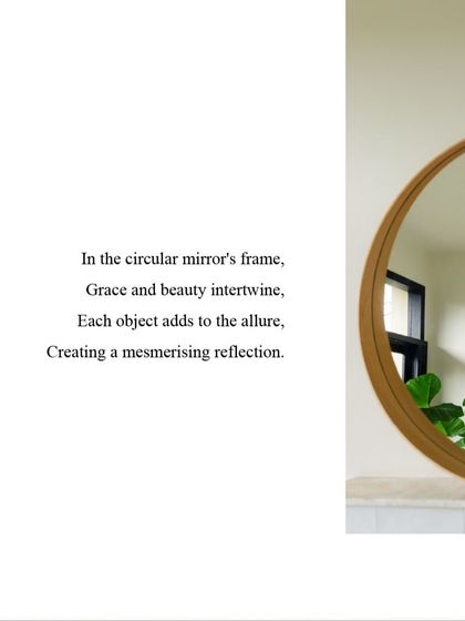 In the circular mirror's frame, grace and beauty intertwine. Each object adds to the allure, creating a mesmerizing reflection.