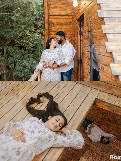 A creative and playful collage from a shoot at a wooden cabin. The shot of the bride's hair forming a heart is a unique touch that adds a fun element to their love story.