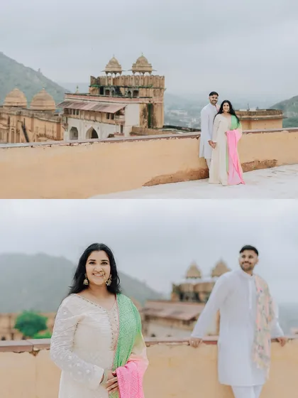 A diptych from a monsoon pre-wedding shoot at Amer Fort, capturing the soft, diffused light and romantic atmosphere of the season.