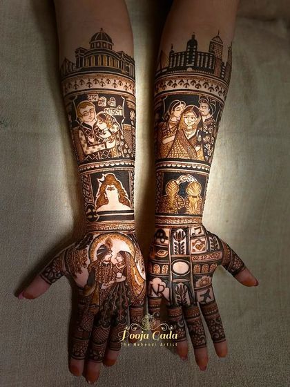 A story of two cities and a lifetime of love. This custom design features the skylines of Kolkata and Mumbai, portraits of the bride with her father, mother, sister, and grandparents, and even a depiction of Lord Shiva. It’s a beautiful tribute to her journey and her family.