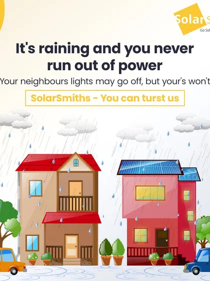 It's raining, but you never run out of power. While your neighbors' lights may go off, yours won't, thanks to my reliable solar and battery solutions.