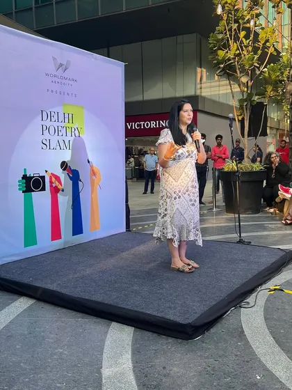 A full-stage view of a performance at Worldmark Aerocity. Our outdoor showcases create a unique atmosphere, bringing poetry to public spaces.