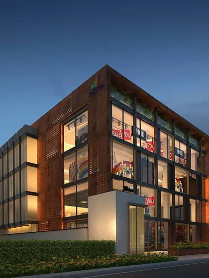 A twilight render of the same Church Street property, illustrating how the building's lighting design will create a warm and inviting presence in the evening.