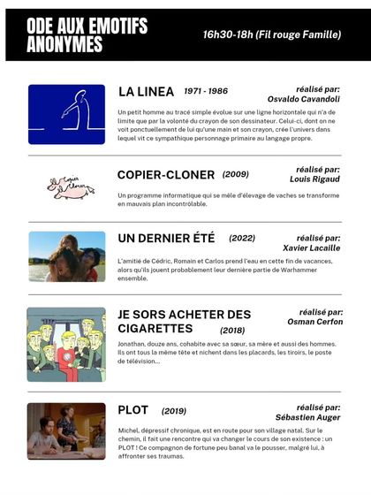 The schedule for the "Ode to the Anonymous Emotives" section of the film festival. This curated selection includes a mix of animation and live-action shorts exploring a range of human emotions.