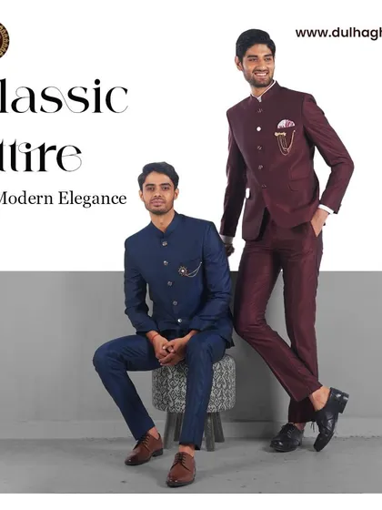 Classic attire for modern elegance. Two models showcase our Bandhgala suits in deep maroon and navy blue.