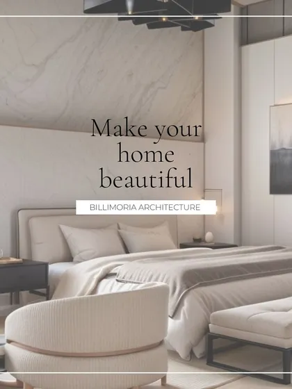 A beautiful bedroom designed with a soft, neutral palette of beige and cream. We used a variety of textures, from the upholstered bed and bench to the ribbed armchair, to add depth and warmth to this minimalist space.
