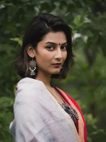 A striking portrait of the model in the same saree, accessorized with traditional silver jewelry. The direct gaze and beautiful composition make this a powerful shot for any campaign.