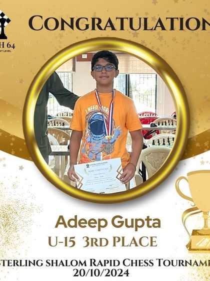 Well done to Adeep Gupta for taking 3rd place in the U-15 category at the 1st Sterling Shalom Rapid Chess Tournament. We celebrate every podium finish.