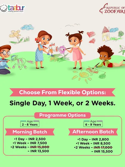 Flexible pricing options for the Zoofari Summer Camp, allowing you to book for a single day, one week, or two weeks.